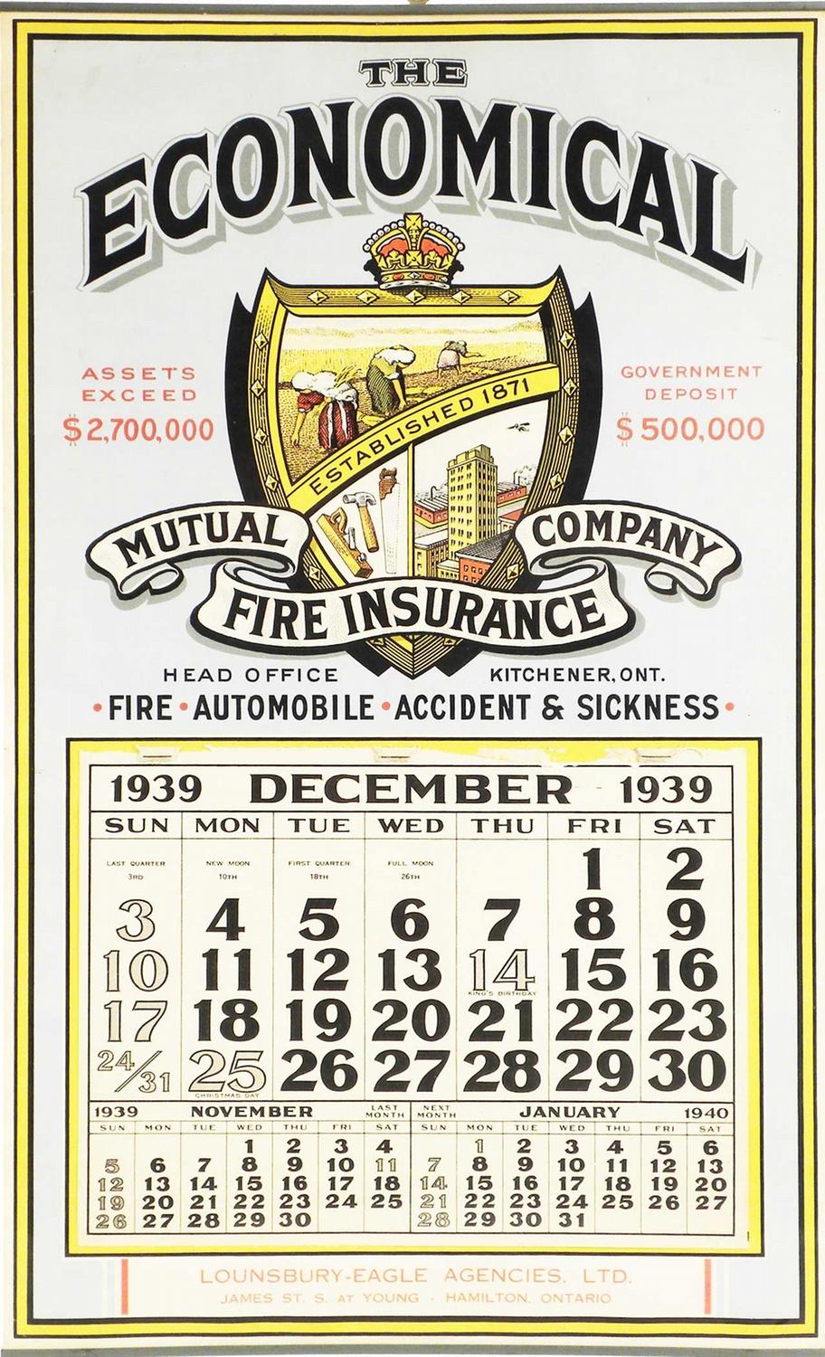 1939 Economical Fire Insurance Calendar