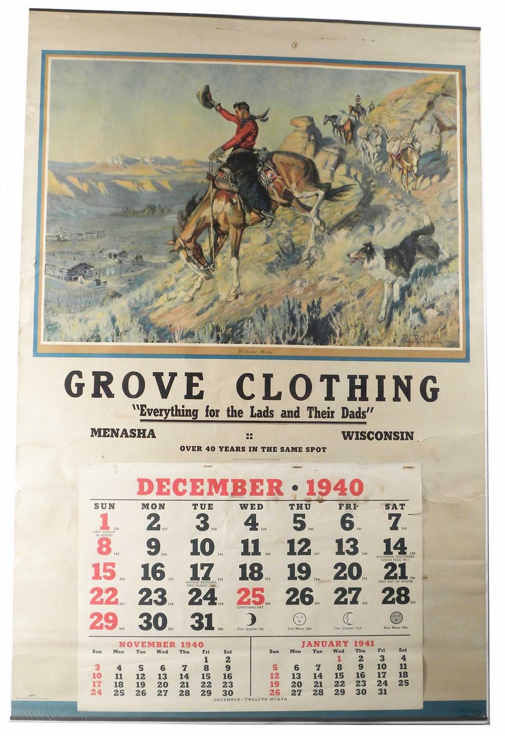 1940 Calendar for Grove Clothing, Menasha, WI