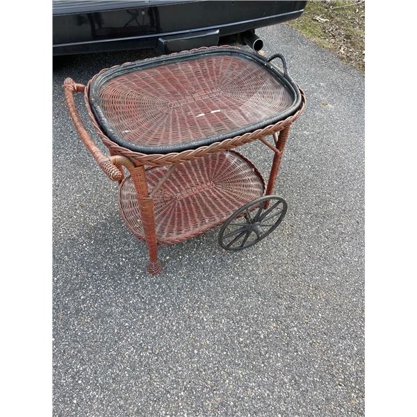 Antique Wicker Tea Cart with Glass Tray Top