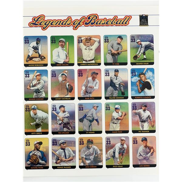 Legends of Baseball, Full Sheet of 20 x 33-Cent Postage Stamps, USA 2000, Scott 3408