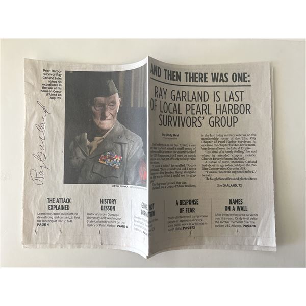 Pearl Harbor Survivor Ray Garland signed newspaper clipping