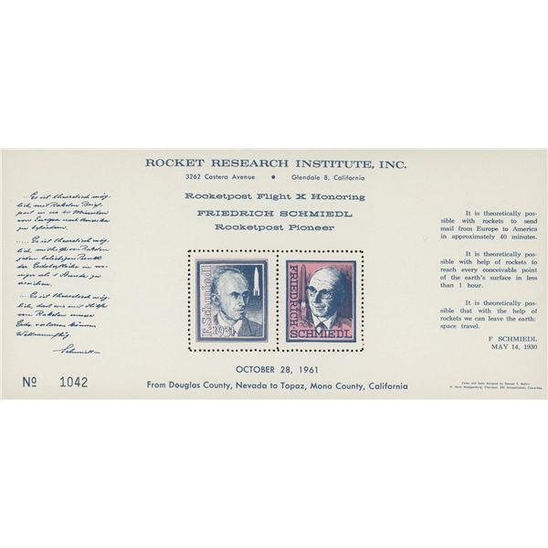 Friedrich Schmiedl Rocketpost Pioneer Commermorative Stamp Set