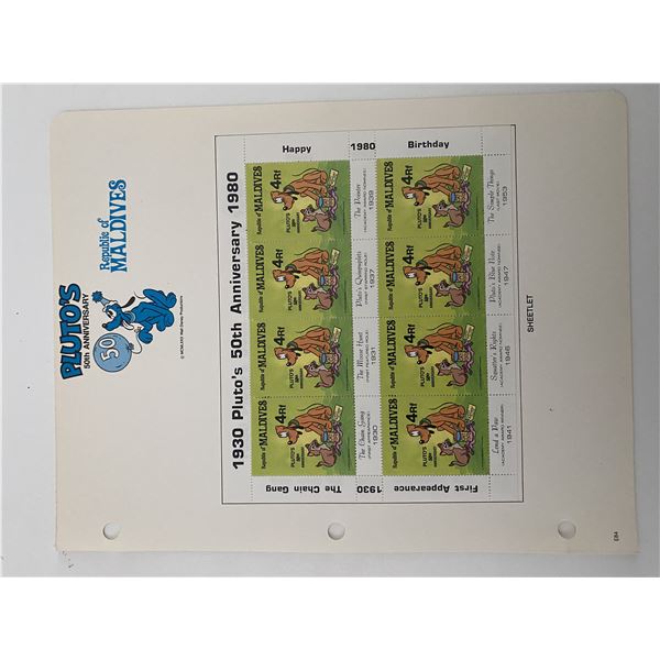 Walt Disney Pluto, Plutos 50th Anniversary Stamp Sheet. Republic of Maldives