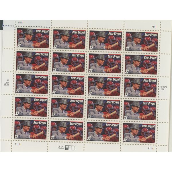 Bear Bryant 20 x 32 cent U.S. Postage Stamps 1997