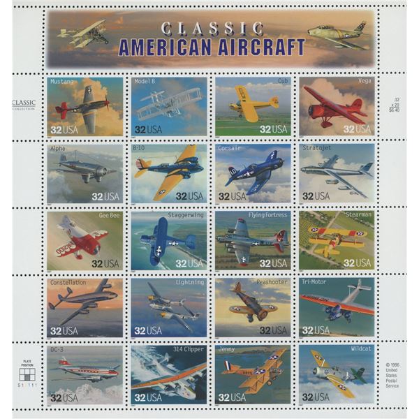 USPS 1997 Classic American Aircraft - Sheet of Twenty Stamps