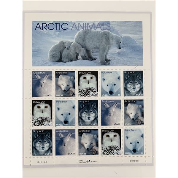 Arctic Animals: Arctic Hare, Arctic Fox, Snowy Owl, Polar Bear, and Gray Wolf, Full Sheet of 15 x 33