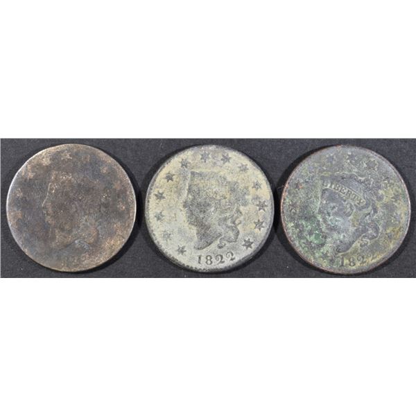 (3) 1822 LARGE CENTS