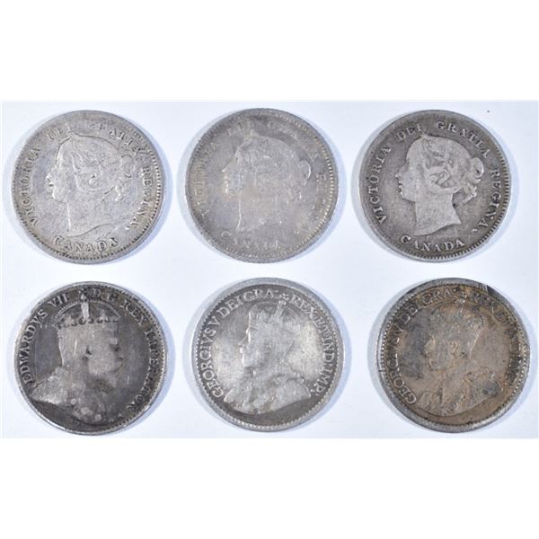 CANADA SILVER 5 CENTS 1871, 80, 88, 1907, (2) 1913