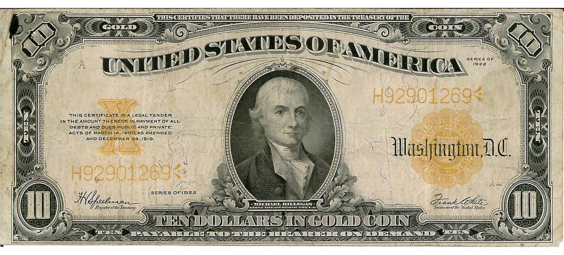 1922 $10 Gold Certificate Bank Note