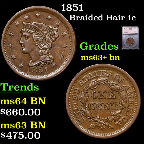 1851 Braided Hair Large Cent 1c Graded ms63+ bn By SEGS