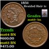 1851 Braided Hair Large Cent 1c Graded ms63+ bn By SEGS