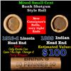 Mixed small cents 1c orig shotgun roll, 1916-d Wheat Cent, 1889 Indian Cent other end, Brinks Wrappe