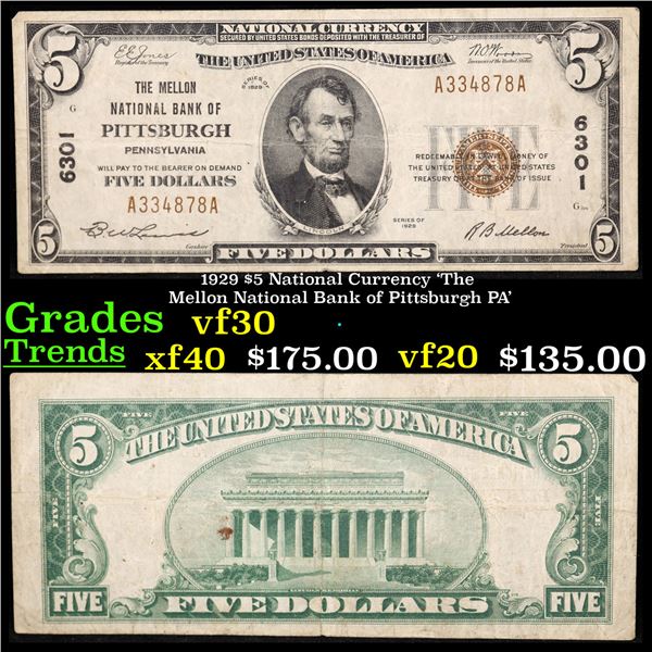 1929 $5 National Currency 'The Mellon National Bank of Pittsburgh PA' Grades vf++