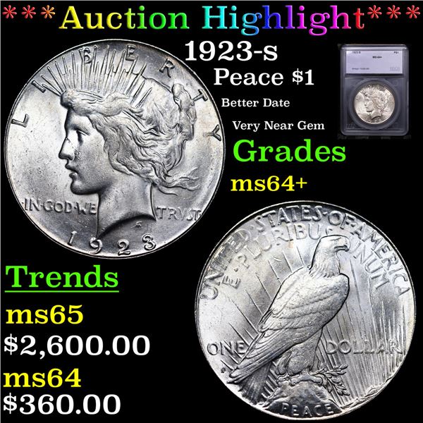 ***Auction Highlight*** 1923-s Peace Dollar $1 Graded ms64+ BY SEGS (fc)