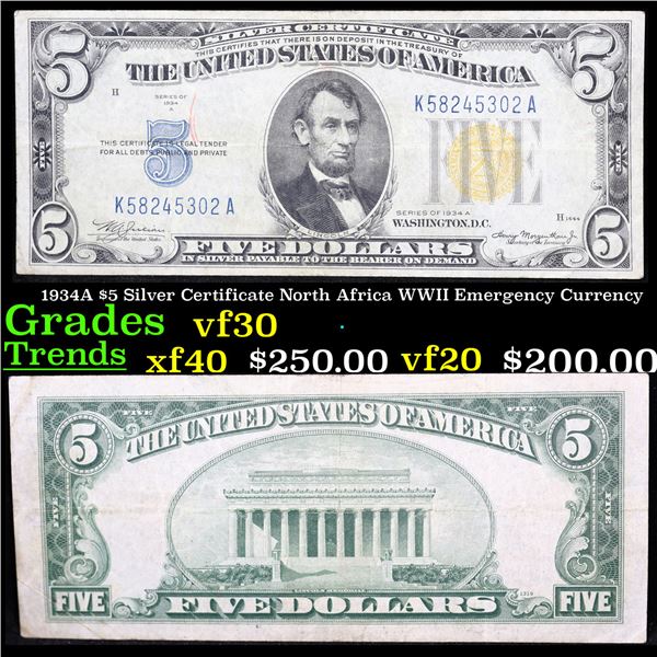 1934A $5 Silver Certificate North Africa WWII Emergency Currency Grades vf++