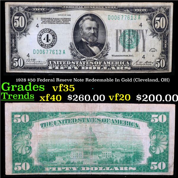 1928 $50 Federal Reseve Note Redeemable In Gold (Cleveland, OH) Grades vf++