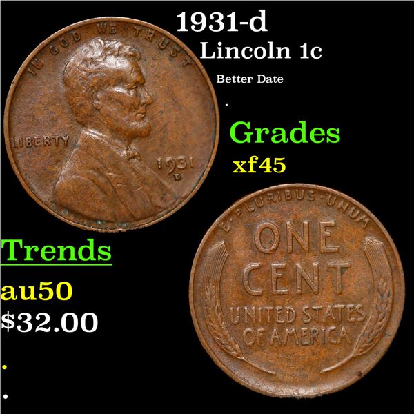 1931-d Lincoln Cent 1c Grades xf+
