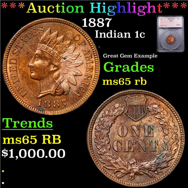 ***Auction Highlight*** 1887 Indian Cent 1c Grades GEM Unc RB BY SEGS (fc)