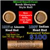 Mixed small cents 1c orig shotgun roll, 1917-s Wheat Cent, 1887 Indian Cent other end, Brinks Wrappe