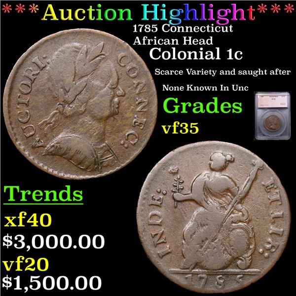 ***Auction Highlight*** 1785 Connecticut African Head Colonial Cent 1c Graded vf35 By SEGS (fc)
