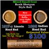 Image 1 : Mixed small cents 1c orig shotgun roll, 1917-s Wheat Cent, 1898 Indian Cent other end, Brinks Wrappe