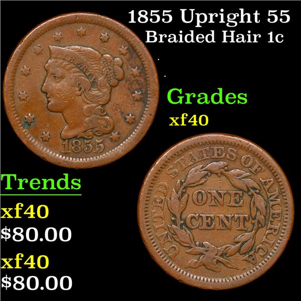 1855 Upright 55 Braided Hair Large Cent 1c Grades xf