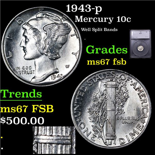 1943-p Mercury Dime 10c Graded ms67 fsb BY SEGS