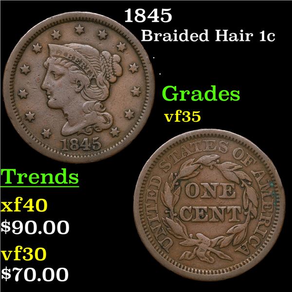 1845 Braided Hair Large Cent 1c Grades vf++