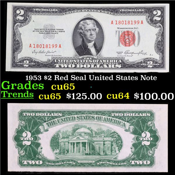 1953 $2 Red Seal United States Note Grades Gem CU