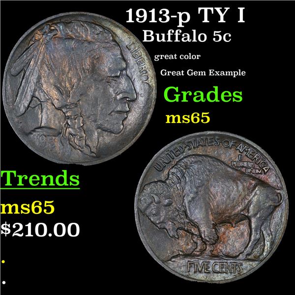 1913-p TY I Buffalo Nickel 5c Grades GEM Unc