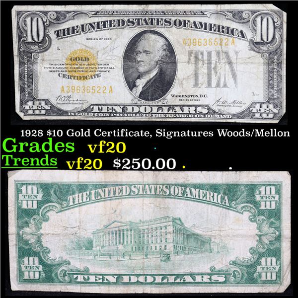 1928 $10 Gold Certificate, Signatures Woods/Mellon Grades vf, very fine