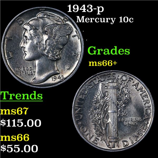 1943-p Mercury Dime 10c Grades GEM++ Unc