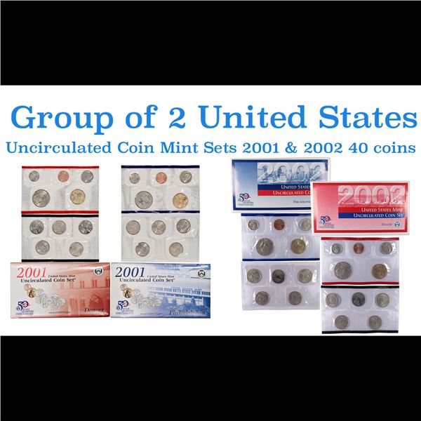 Group of 2 United States Mint Set in Original Government Packaging! From 2001-2002 with 40 Coins Ins