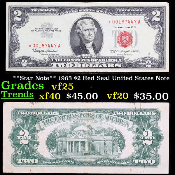 **Star Note** 1963 $2 Red Seal United States Note Grades vf+