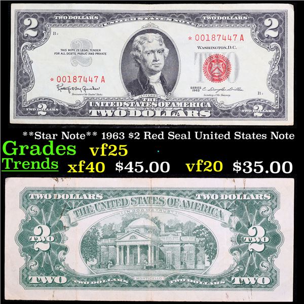 **Star Note** 1963 $2 Red Seal United States Note Grades vf+