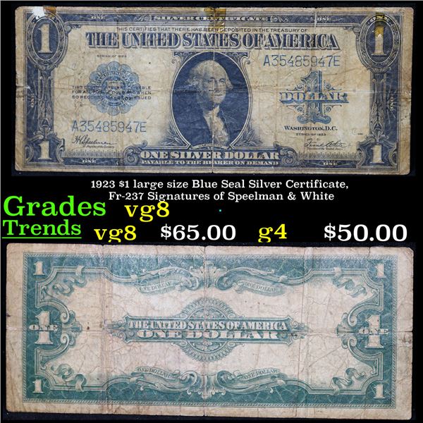 1923 $1 large size Blue Seal Silver Certificate, Fr-237 Signatures of Speelman & White Grades vg, ve