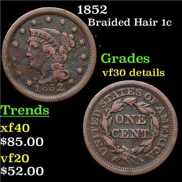 1852 Braided Hair Large Cent 1c Grades VF Details