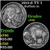 Image 1 : 1913-d TY I Buffalo Nickel 5c Grades vf++