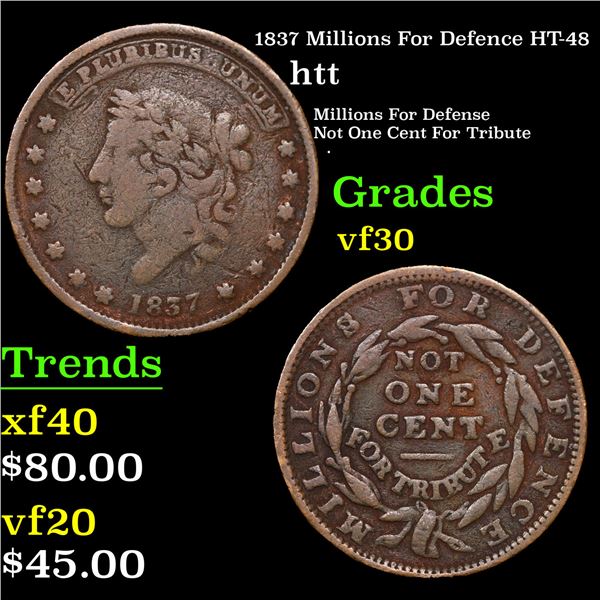 1837 Millions For Defence Hard Times Token HT-48 1c Grades vf++