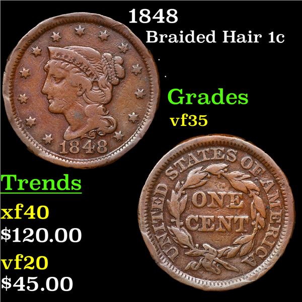 1848 Braided Hair Large Cent 1c Grades vf++