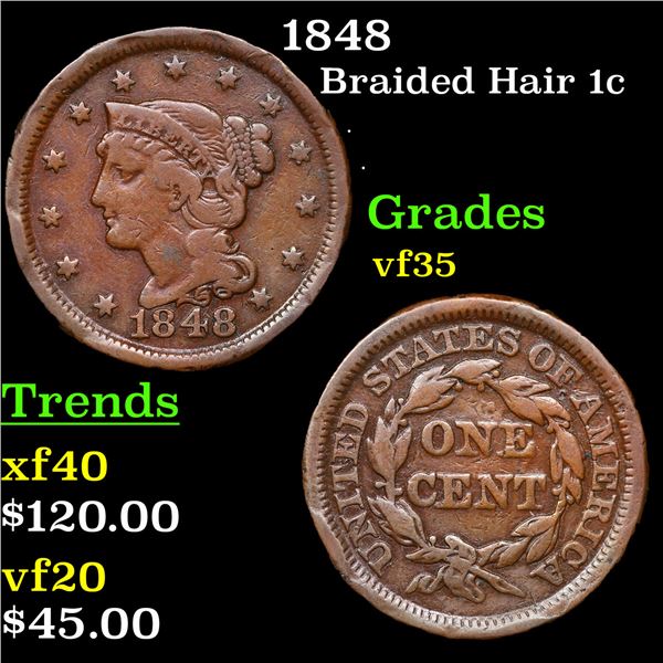 1848 Braided Hair Large Cent 1c Grades vf++