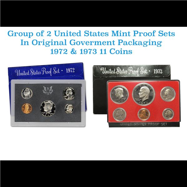 Group of 2 United States Mint Proof Sets 1972-1973 In Original Government Packaging 11 coins