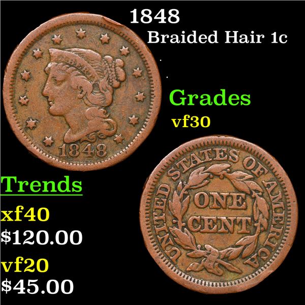 1848 Braided Hair Large Cent 1c Grades vf++