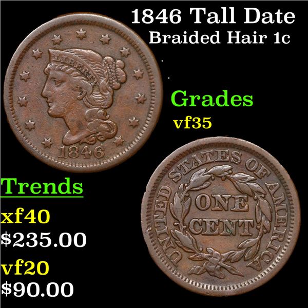 1846 Tall Date Braided Hair Large Cent 1c Grades vf++