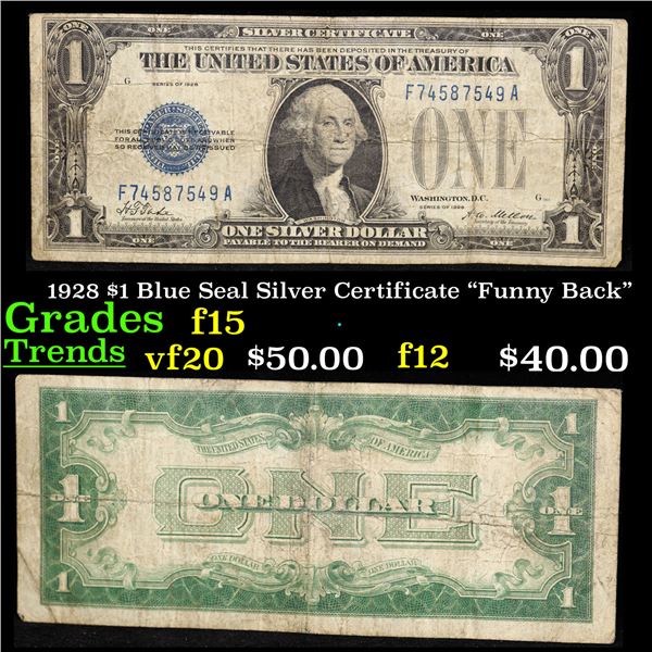1928 $1 Blue Seal Silver Certificate "Funny Back" Grades f+