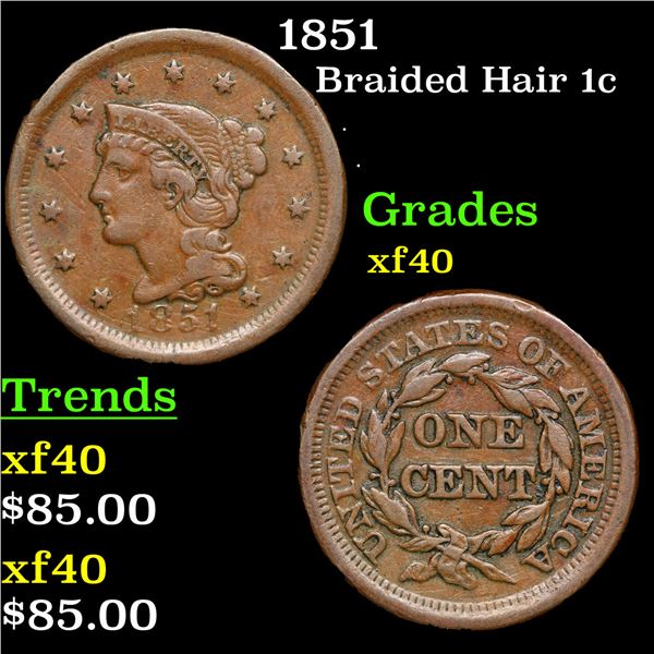 1851 Braided Hair Large Cent 1c Grades xf