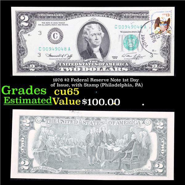 1976 $2 Federal Reserve Note 1st Day of Issue, with Stamp (Philadelphia, PA) Grades Gem CU