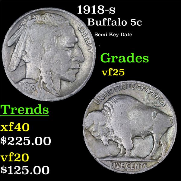1918-s Buffalo Nickel 5c Grades vf+