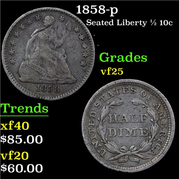 1858-p Seated Liberty Half Dime 1/2 10c Grades vf+