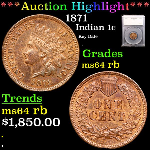 ***Auction Highlight*** 1871 Indian Cent 1c Graded ms64 rb By SEGS (fc)